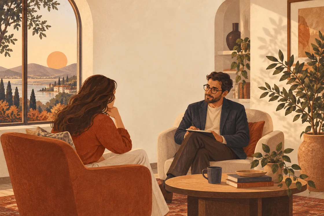 Textured editorial illustration of a clinician listening to a person in a sunlit consulting room.