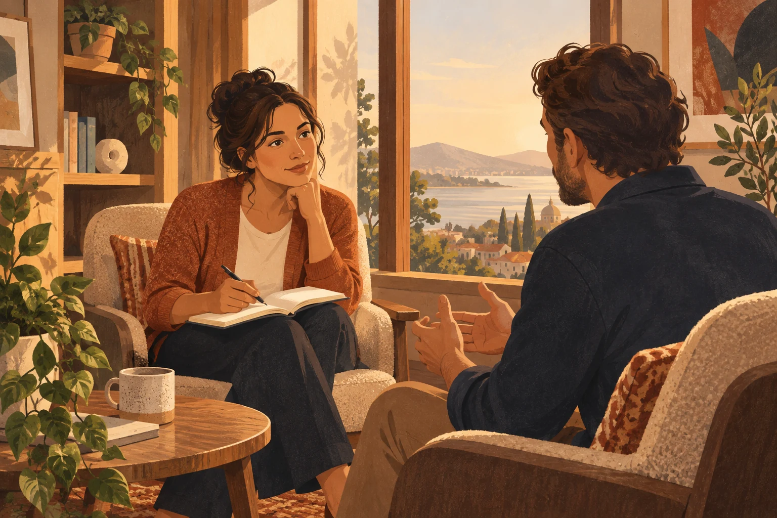 Textured editorial illustration of an occupational therapist listening to an employee in a private workplace sitting area.