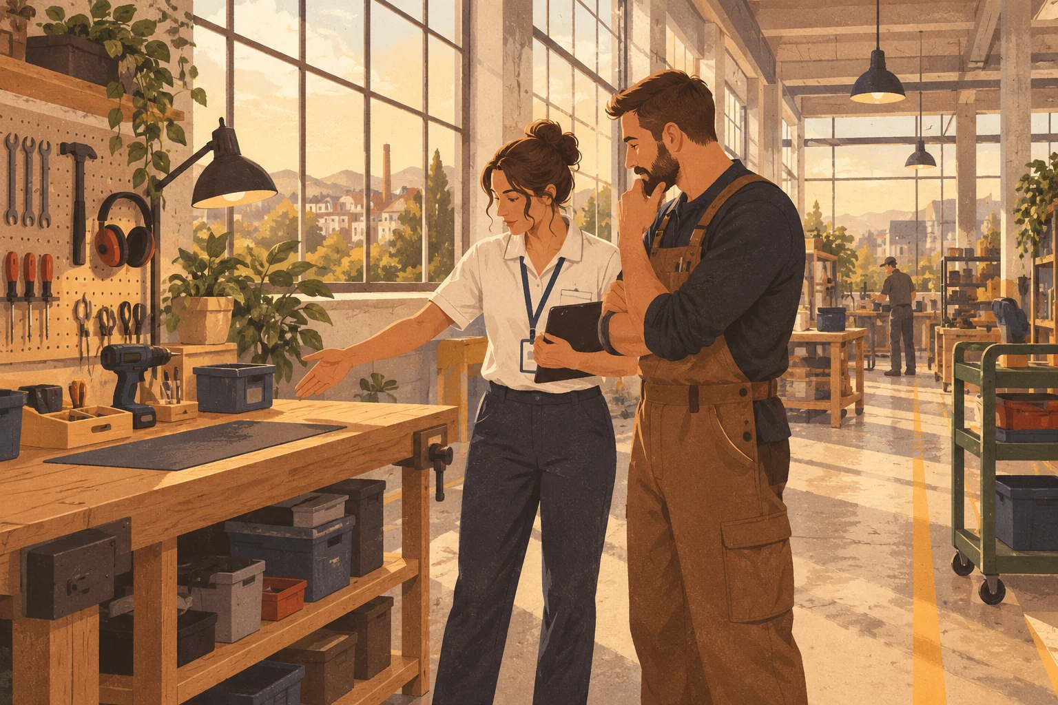 Textured editorial illustration of a physiotherapist and employee reviewing a workbench in a light industrial workplace.