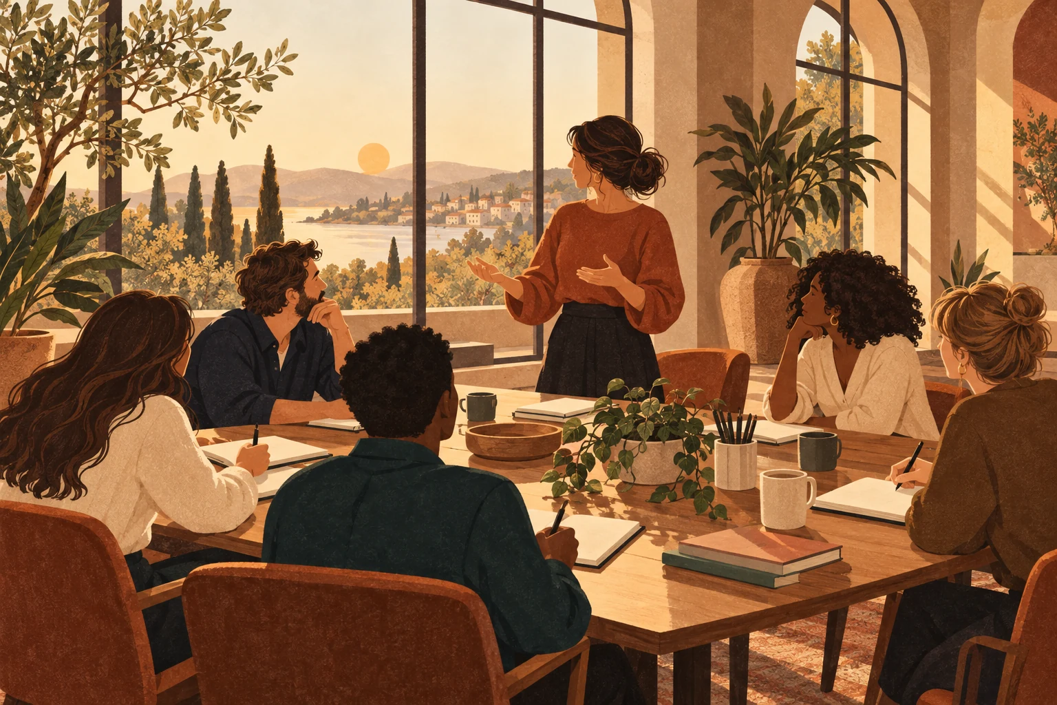 Editorial illustration of professionals sharing ideas around a table.